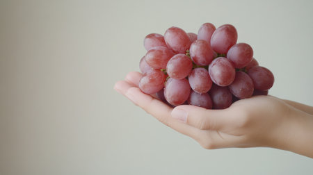 A hand holding a cluster of fresh red grapesの素材
