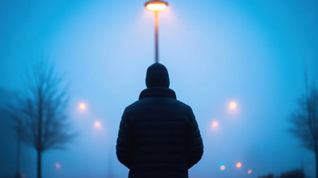 Silhouette of a man under a street lamp on a foggy nightの素材
