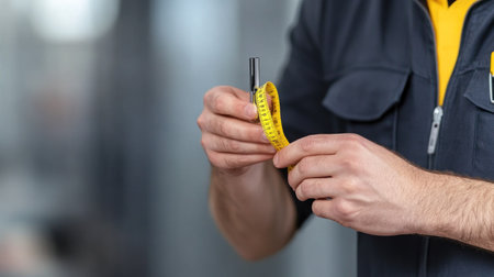 Close-up of hands holding yellow screwdriver and toolの素材