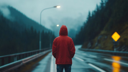 Person wearing red hooded jacket on highwayの素材