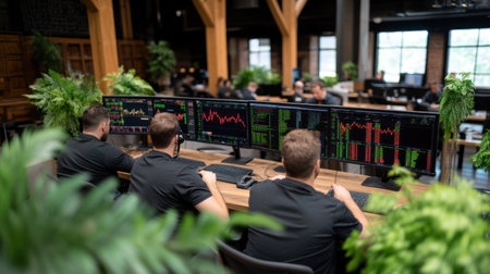 Group of men using laptops in officeの素材