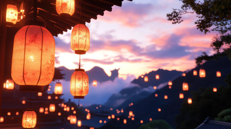 Close-up view of vibrant red and orange Chinese lanterns hanging, glowing warmly against a soft evening light, creating a festive and cultural ambiance.の素材