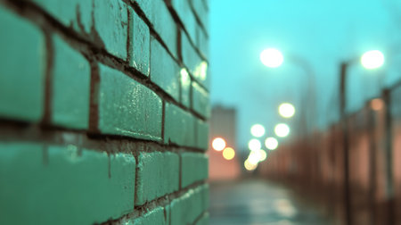 A detailed close-up shot of a green brick wall, highlighting the texture and individual bricks. The focus is sharp on the wall, showing its color and construction.の素材
