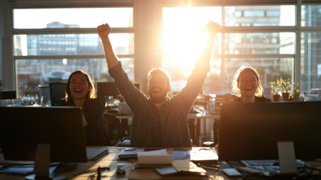 Three happy business people celebrating success in office with arms raised, silhouetted by bright window light.の素材