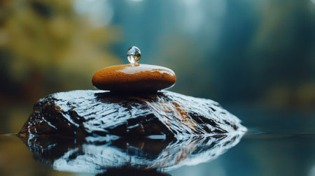 A single, perfectly formed water droplet is captured in exquisite detail, poised delicately on the surface of a polished, reddish-brown pebble.の素材
