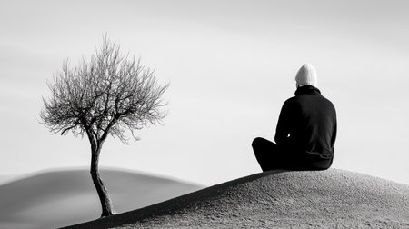 A solitary figure is seen from behind, sitting on a small mound, seemingly in contemplation or meditation. The person is dressed in dark clothing with a light-colored hat, facing away from the viewer.の素材
