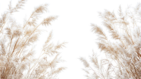 Detailed view of the soft, feathery texture of pampas grass plumes, showcasing their delicate structure and warm, natural tones.の素材