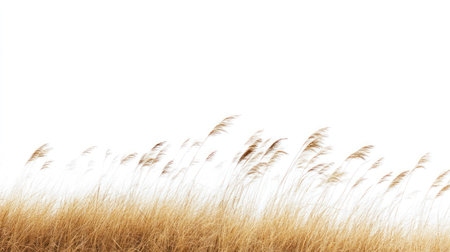 Close-up view of golden reeds with feathery tops, swaying gently in a soft breeze, creating a serene and natural scene.の素材