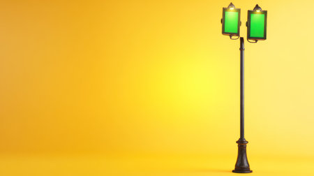 A vintage-style street lamp featuring two modern green illuminated screens, standing tall against a vibrant yellow backdrop, creating a striking contrast.の素材