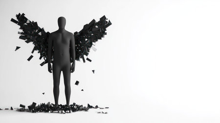 A striking black figure stands with large, fragmented wings, suggesting a powerful yet broken entity. The pieces around its feet emphasize the theme of deconstruction or transformation.の素材