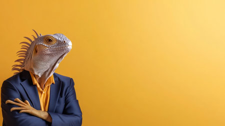 A person with an iguana head wearing a blue suit and orange shirt, standing with arms crossed, exuding confidence and a unique style.の素材