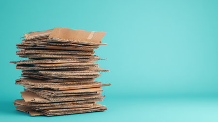 A tall, neat stack of various flattened cardboard boxes, showcasing their texture and readiness for eco-friendly disposal and reuse.の素材
