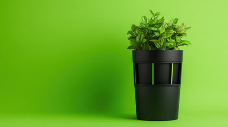 A close-up view of a small green plant, possibly a succulent or a small bush, neatly placed in a black cylindrical pot.の素材