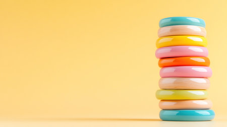 A vertical stack of numerous glossy bangles in various bright and pastel colors like blue yellow pink and orange creating a decorative and cheerful display.の素材
