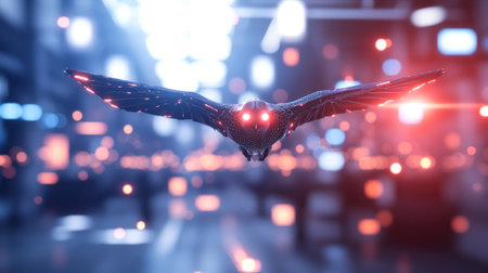 A close up of a dark, bat like drone with glowing red eyes and intricate wing details, suggesting advanced technology and surveillance capabilities.の素材
