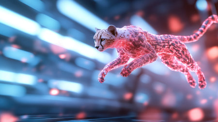 A powerful cheetah, illuminated with a radiant pink and red glow, captured mid-leap, embodying raw speed and dynamic motion.の素材