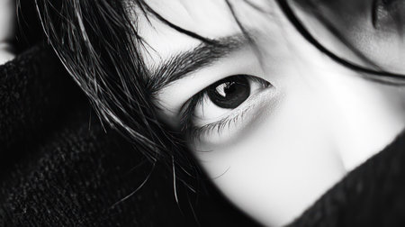 A striking black and white close-up captures the intense gaze of a young person's eye, framed by dark hair and clothing, conveying a sense of introspection and mystery.の素材