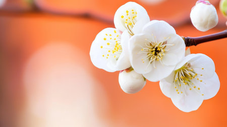 A detailed close-up shot of several pristine white plum blossoms, each with a yellow center, clustered on a slender branch, showcasing their delicate petals and early spring beauty.の素材
