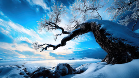 A majestic, gnarled tree, its branches heavily laden with snow and ice, stands as a prominent feature in a serene winter landscape, showcasing the resilience and beauty of nature in cold climates.の素材