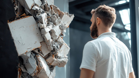A man with a beard, wearing a casual white polo shirt, stands with his back to the viewer, observing a contemporary sculpture composed of fragmented concrete blocks.の素材