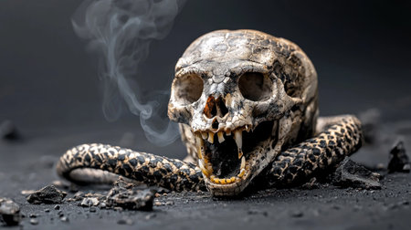 A menacing skull with prominent fangs is intertwined with a snake, creating a dark and eerie composition. The skull's open mouth and the snake's presence evoke a sense of danger and the macabre.の素材