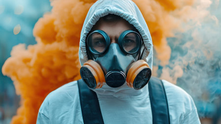 A person in a white hooded suit and a gas mask with orange filters, looking directly at the viewer.の素材
