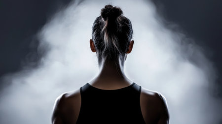 Rear view of a determined woman with her hair in a bun, showcasing strong shoulders and a focused posture.の素材