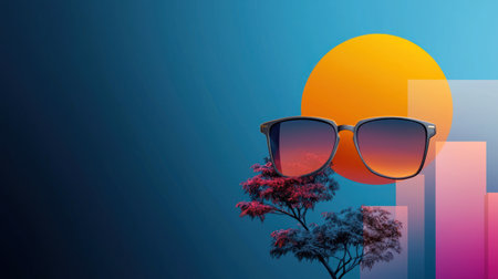 A pair of modern sunglasses featuring gradient lenses that beautifully reflect a warm, glowing sunset, creating a captivating visual effect.の素材