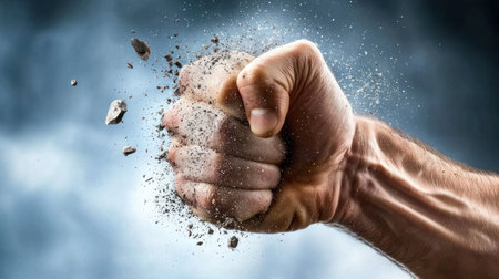 A close-up view of a human fist clenched tightly, demonstrating immense power as it shatters a material, creating a dynamic explosion of fragments.の素材