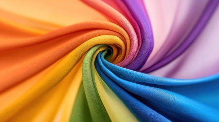 A close-up view of a fabric elegantly swirled into a captivating spiral, showcasing a full spectrum of rainbow colors from red to violet in a smooth, flowing gradient.の素材
