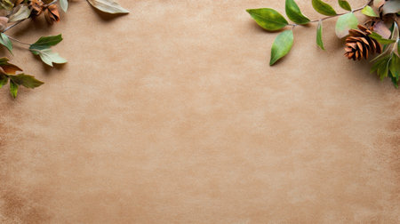 A top-down view of a rustic background with an autumnal border featuring dried leaves and pinecones in the upper corners, creating a natural and cozy frame.の素材