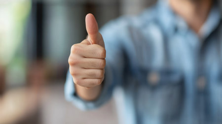 A clear, focused shot of a hand with the thumb extended upwards, indicating approval or agreement.の素材
