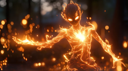 A mystical elemental being composed of fire and light, with a humanoid form, glowing eyes, and a radiant core, standing in a dynamic pose.の素材