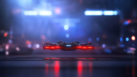 A close-up view of a modern drone featuring prominent red lights, suggesting advanced technology and a dynamic presence in a low-light environment.の素材