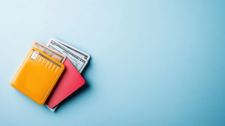 A top-down view of three distinctively colored wallets, one orange, one red, and one silver, neatly stacked on top of each other, suggesting financial management and personal accessories.の素材