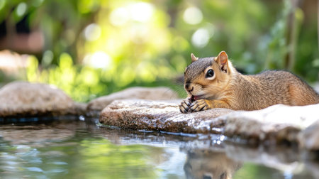A close-up shot of a tiny chipmunk, with its characteristic striped fur, delicately holding and eating a small berry or seed while resting on a rock next to a calm body of water.の素材