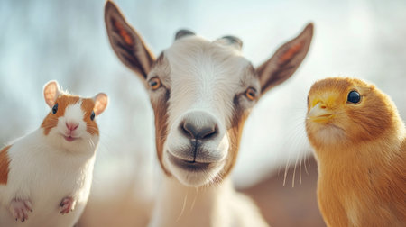 A close-up of a goat, guinea pig, and a prairie dog, all looking directly at the camera with curious and friendly expressions, showcasing their unique features.の素材