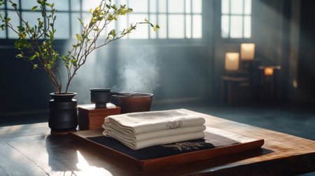 A close-up view of a traditional Japanese tea ceremony setup featuring a stack of old books on a wooden tray, a small vase with green branches, and tea bowls, all bathed in soft, natural light.の素材