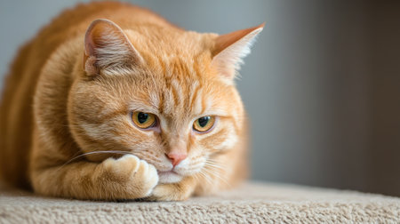 A ginger cat with striking amber eyes is captured in a close-up, resting with its paws tucked, displaying a focused and calm demeanor.の素材