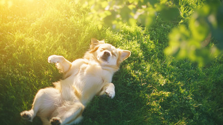 A joyful dog is captured mid-roll on its back, paws in the air, with a blissful expression, basking in the warm sunlight on a lush green lawn.の素材