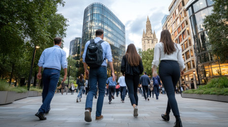 A group of young adults, seen from behind, walking purposefully on a paved path. They are dressed in casual attire, suggesting a relaxed yet active urban lifestyle.の素材