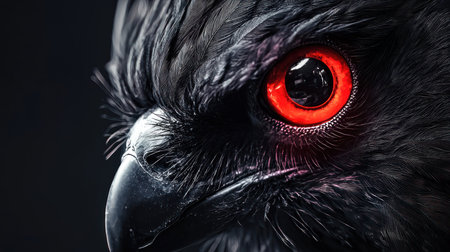 A captivating close-up of a bird's head, showcasing its dark feathers and a piercing, vibrant red eye that stands out against the somber tones.の素材
