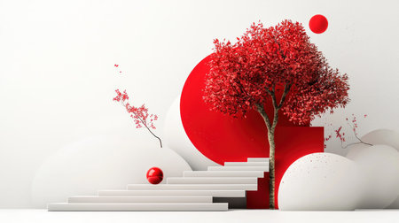 A vibrant red tree stands prominently with elegant white stairs leading up to a large red circle, creating a minimalist and artistic composition.の素材