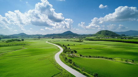 An aerial view of a narrow, winding road cutting through expansive, lush green fields, leading towards distant mountains under a clear sky with scattered clouds.の素材
