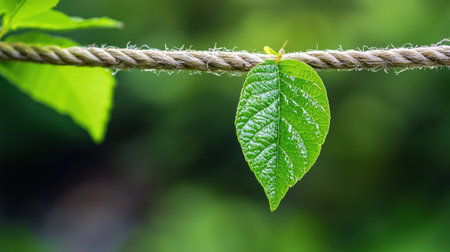 A single, fresh green leaf with visible veins, gently resting on a textured brown rope, highlighting its natural beauty and delicate balance.の素材