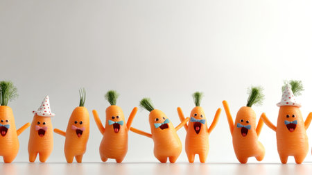 A group of vibrant orange carrots, each with a unique, joyful expression and tiny party hats, standing in a row as if dancing or celebrating, exuding a sense of fun and camaraderie.の素材