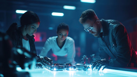 A focused shot of a diverse team of engineers intently working on a complex robotics project, illuminated by the glowing blue light of their work surface.の素材