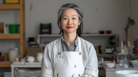 A close-up portrait of a mature Asian woman with graying hair, wearing an apron, smiling confidently at the camera in her pottery studio.の素材