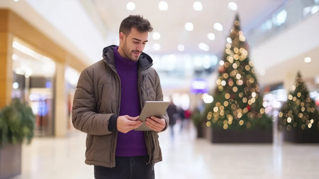 A man wearing a winter jacket and a purple sweater is engrossed in his tablet, holding it with both hands.の素材