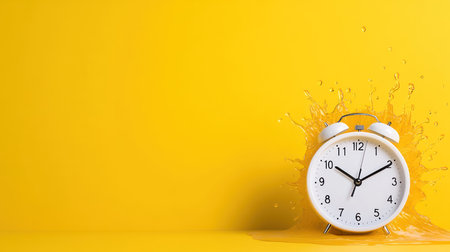 A white alarm clock with a classic design, featuring twin bells and a round face with clear numbers and hands, set against a vibrant yellow background.の素材